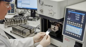 کارشناس در حال قرار دادن نمونه فلزی در دستگاه کوانتومتر و خواندن نتایج