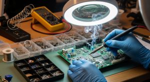 لحیمکاری قطعات برد الکترونیکی با دستکش ایمنی آبی زیر لوپ نوری
لحیمکاری قطعات برد الکترونیکی با دستکش ایمنی آبی زیر لوپ نوری