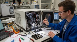 تکنسین در حال تعمیر و تنظیم قطعات داخلی دستگاه اسپکتومتر در آزمایشگاه
تکنسین در حال تعمیر و تنظیم قطعات داخلی دستگاه اسپکتومتر در آزمایشگاه