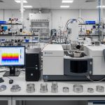 نمای گسترده از آزمایشگاه صنعتی مدرن با کوانتومتر پیشرفته و تجهیزات آنالیز فلزات