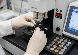 کارشناس آزمایشگاه در حال کالیبراسیون کوانتومتر با اسپکتومتر نوری انتشار